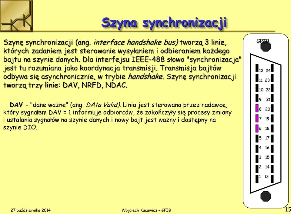 Szynę synchronizacji tworzą trzy linie: DAV, NRFD, NDAC. DAV - "dane ważne" (ang. DAta Valid).