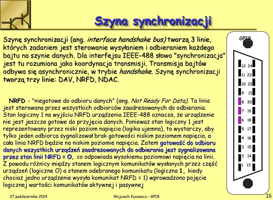 Szynę synchronizacji tworzą trzy linie: DAV, NRFD, NDAC. NRFD - "niegotowe do odbioru danych" (ang. Not Ready For Data).
