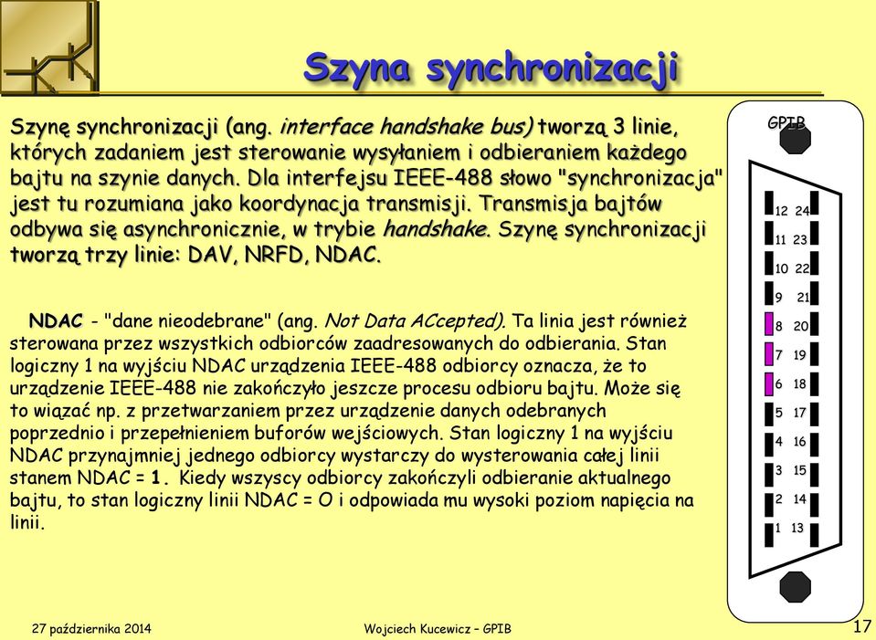 Szynę synchronizacji tworzą trzy linie: DAV, NRFD, NDAC. NDAC - "dane nieodebrane" (ang. Not Data ACcepted). Ta linia jest również sterowana przez wszystkich odbiorców zaadresowanych do odbierania.