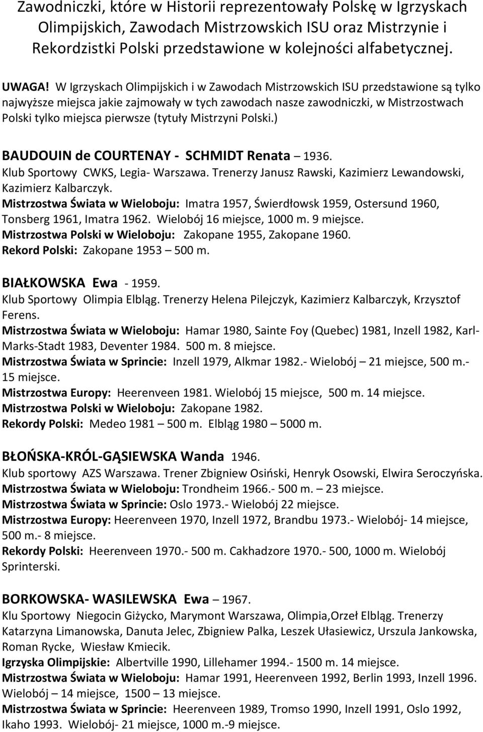 (tytuły Mistrzyni Polski.) BAUDOUIN de COURTENAY - SCHMIDT Renata 1936. Klub Sportowy CWKS, Legia- Warszawa. Trenerzy Janusz Rawski, Kazimierz Lewandowski, Kazimierz Kalbarczyk.