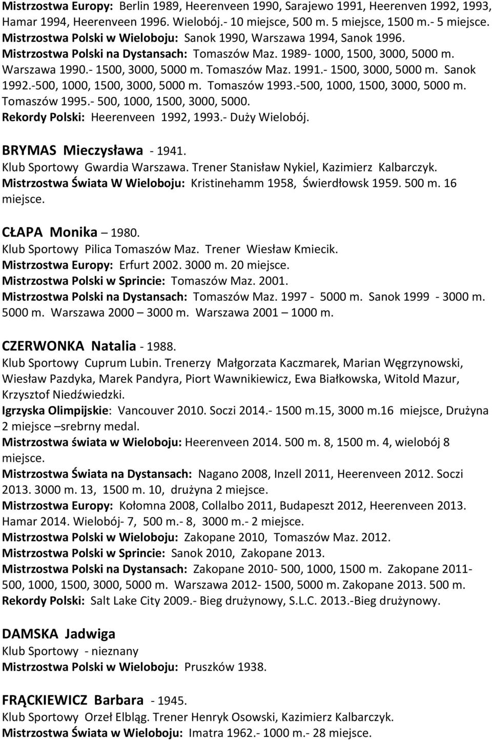 - 1500, 3000, 5000 m. Sanok 1992.-500, 1000, 1500, 3000, 5000 m. Tomaszów 1993.-500, 1000, 1500, 3000, 5000 m. Tomaszów 1995.- 500, 1000, 1500, 3000, 5000. Rekordy Polski: Heerenveen 1992, 1993.