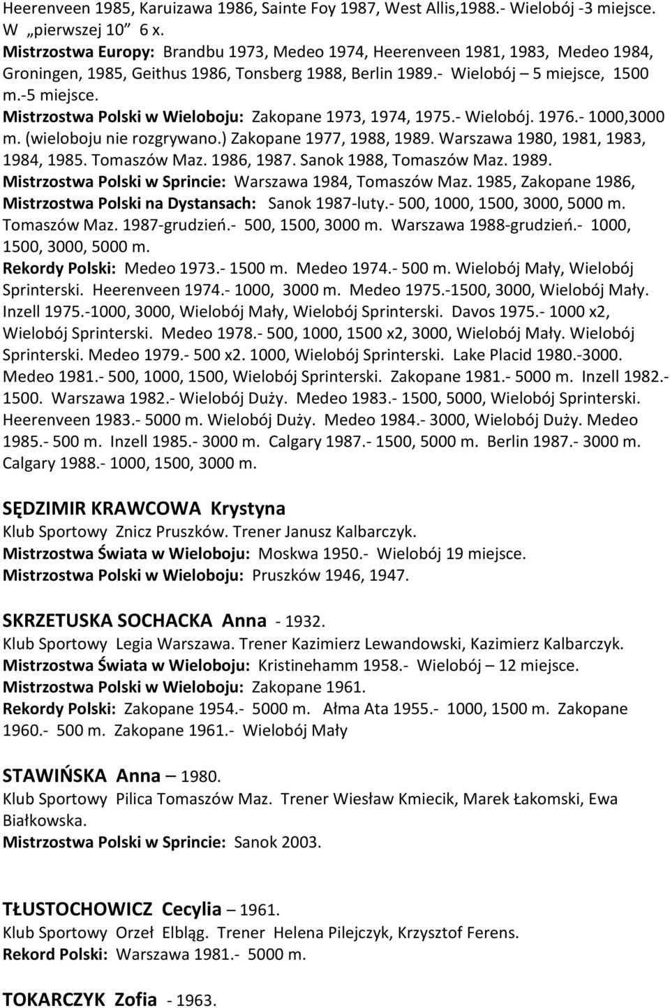 Mistrzostwa Polski w Wieloboju: Zakopane 1973, 1974, 1975.- Wielobój. 1976.- 1000,3000 m. (wieloboju nie rozgrywano.) Zakopane 1977, 1988, 1989. Warszawa 1980, 1981, 1983, 1984, 1985. Tomaszów Maz.