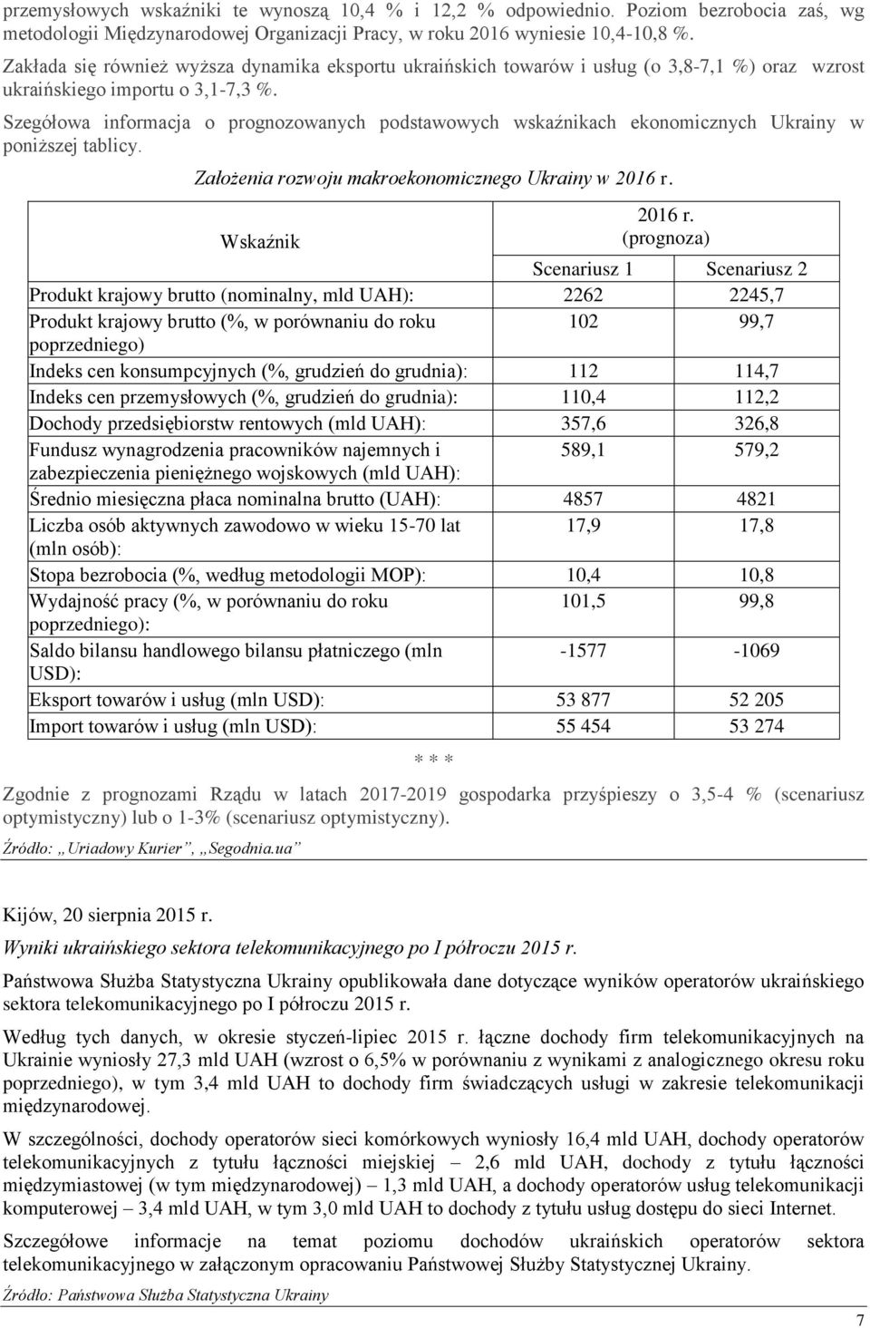 Szegółowa informacja o prognozowanych podstawowych wskaźnikach ekonomicznych Ukrainy w poniższej tablicy. Założenia rozwoju makroekonomicznego Ukrainy w 2016 r.