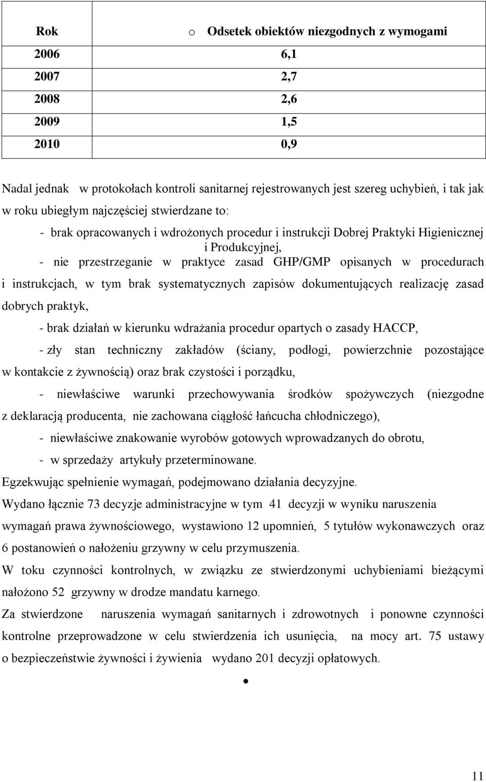 procedurach i instrukcjach, w tym brak systematycznych zapisów dokumentujących realizację zasad dobrych praktyk, - brak działań w kierunku wdrażania procedur opartych o zasady HACCP, - zły stan