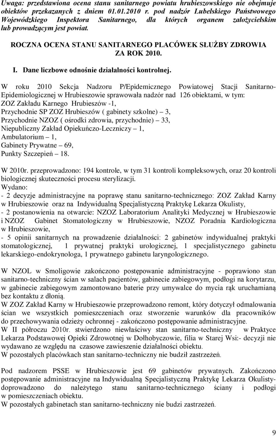 ROCZNA OCENA STANU SANITARNEGO PLACÓWEK SŁUŻBY ZDROWIA ZA ROK 2010. I. Dane liczbowe odnośnie działalności kontrolnej.