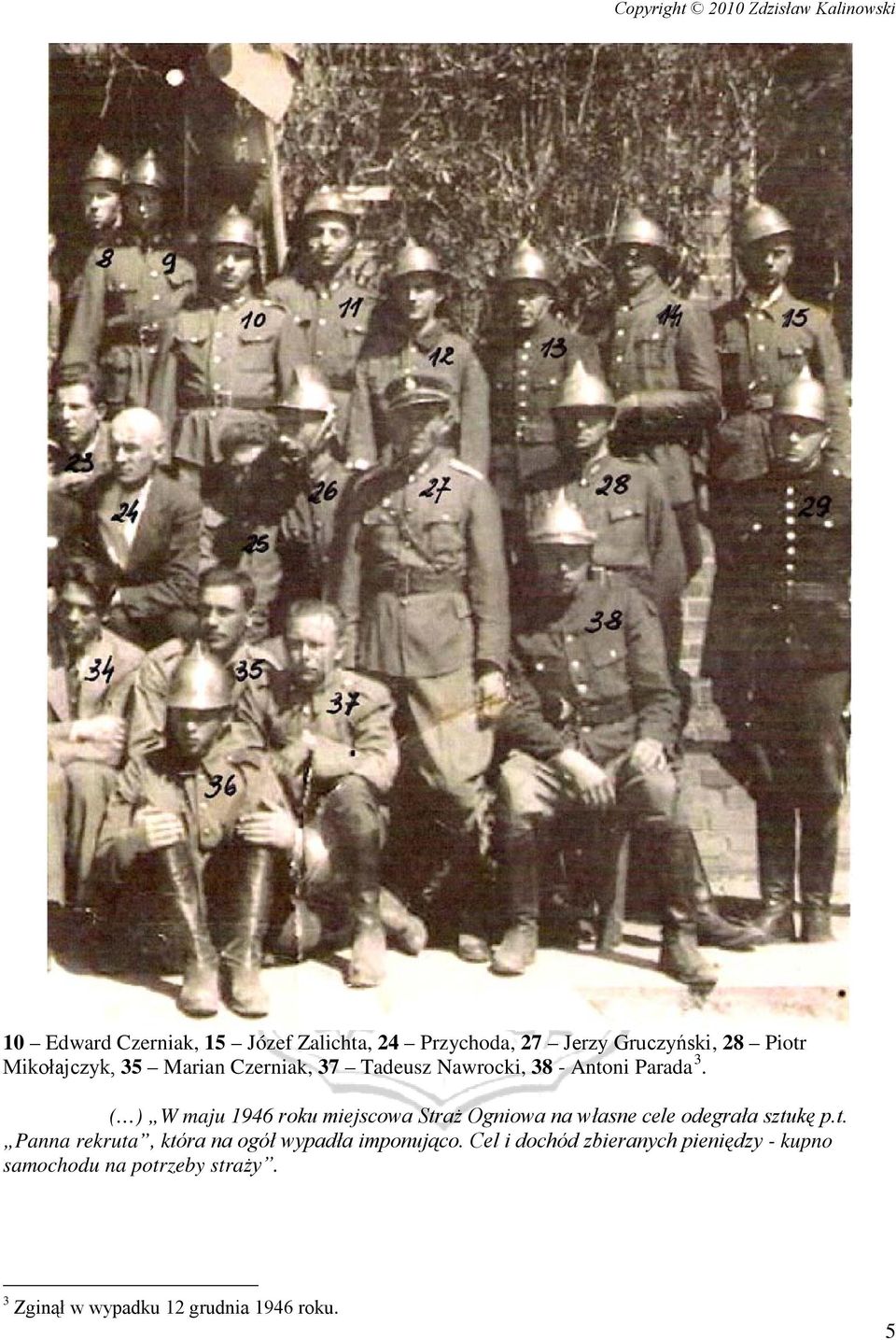 ( ) W maju 1946 roku miejscowa Straż Ogniowa na własne cele odegrała sztukę p.t. Panna rekruta, która na ogół wypadła imponująco.