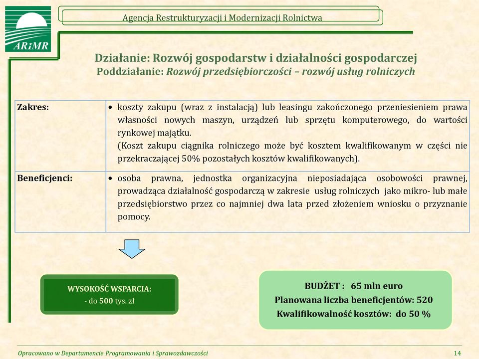 (Koszt zakupu ciągnika rolniczego może być kosztem kwalifikowanym w części nie przekraczającej 50% pozostałych kosztów kwalifikowanych).