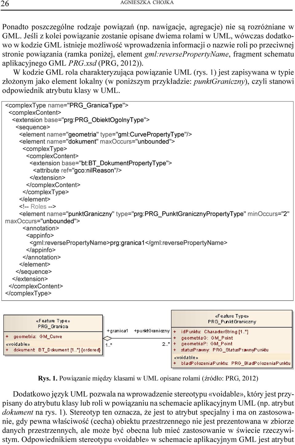element gml:reversepropertyname, fragment schematu aplikacyjnego GML PRG.xsd (PRG, 2012)). W kodzie GML rola charakteryzuj¹ca powi¹zanie UML (rys.