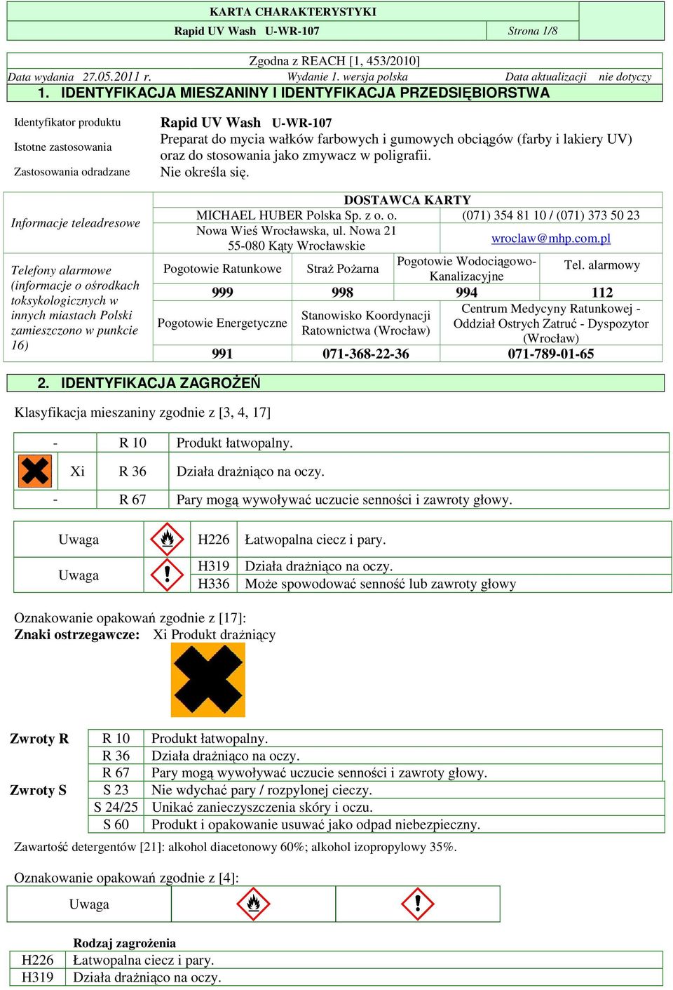 toksykologicznych w innych miastach Polski zamieszczono w punkcie 16) Rapid UV Wash U-WR-107 Preparat do mycia wałków farbowych i gumowych obciągów (farby i lakiery UV) oraz do stosowania jako