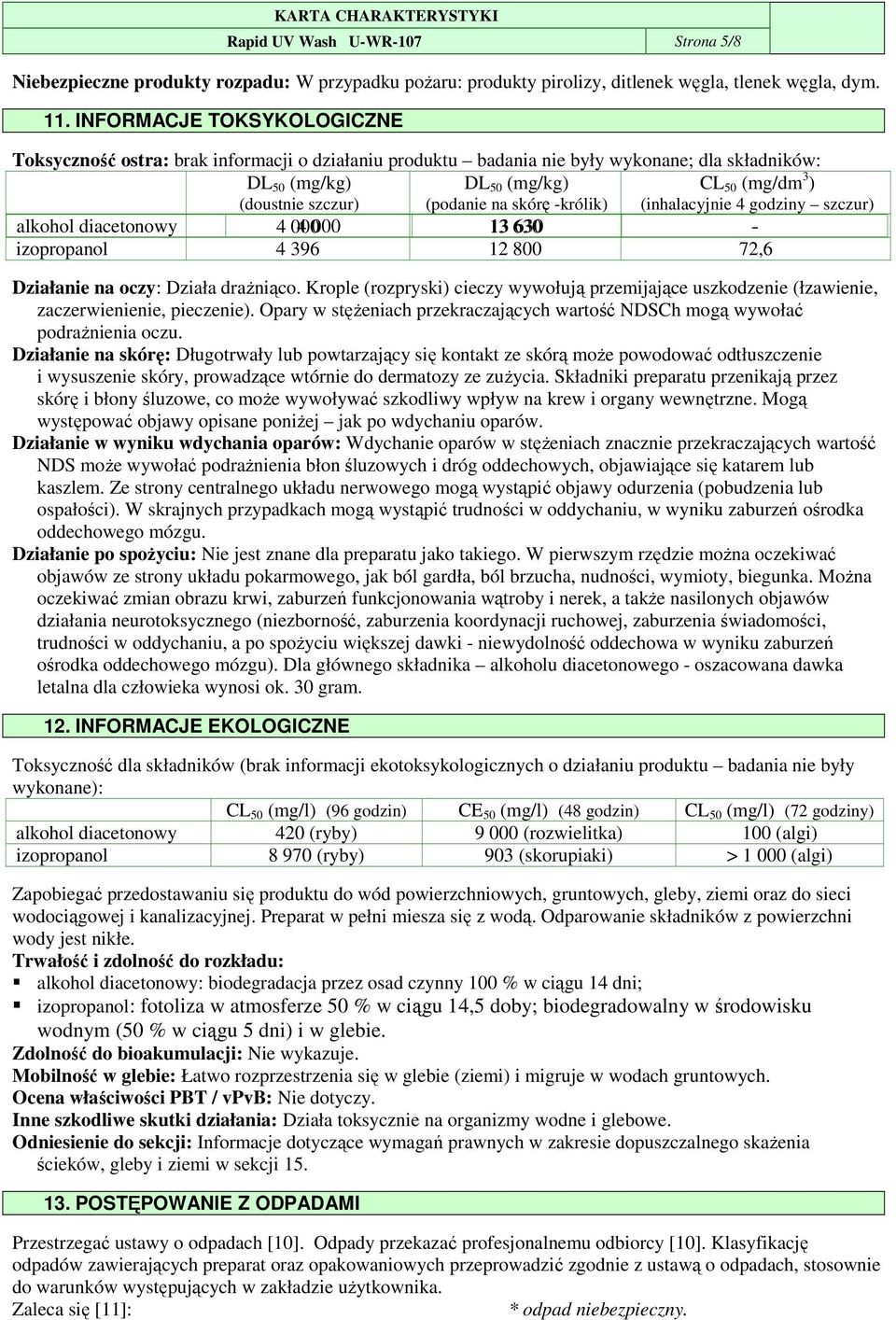 CL 50 (mg/dm 3 ) (inhalacyjnie 4 godziny szczur) alkohol diacetonowy 4 000 4 000 13 630 - izopropanol 4 396 12 800 72,6 Działanie na oczy: Działa draŝniąco.