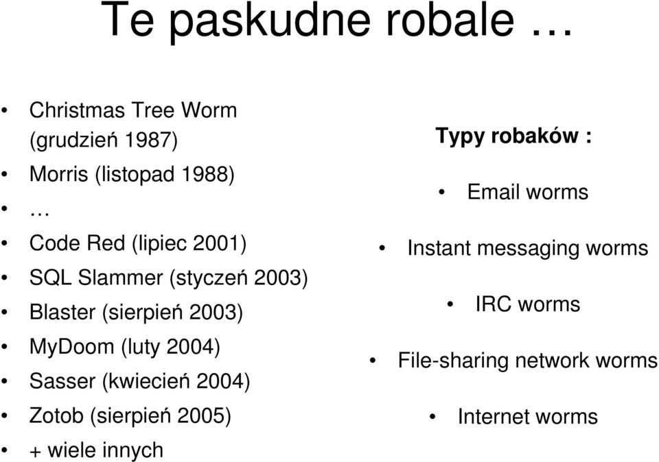 2004) Sasser (kwiecień 2004) Zotob (sierpień 2005) + wiele innych Typy robaków :