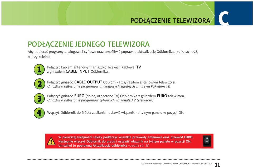 Umożliwia odbieranie programów analogowych zgodnych z naszym Pakietem TV. Połączyć gniazdo EURO (dolne, oznaczone TV) Odbiornika z gniazdem EURO telewizora.