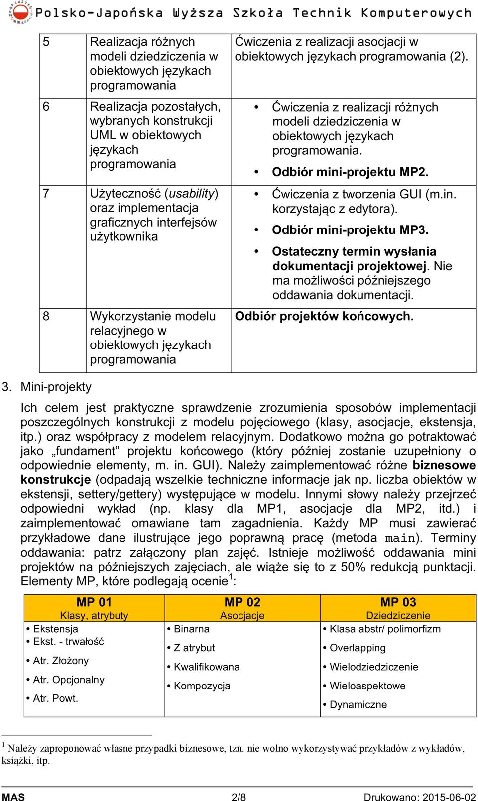 Odbiór mini-projektu MP3. Ostateczny termin wysłania dokumentacji projektowej. Nie ma możliwości późniejszego oddawania dokumentacji. Odbiór projektów końcowych. 3.