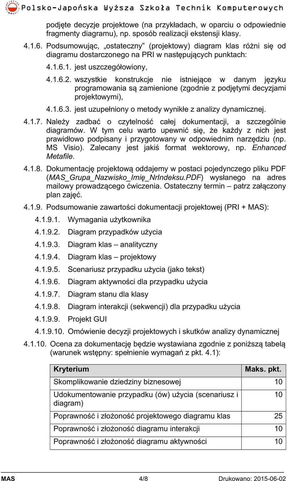 wszystkie konstrukcje nie istniejące w danym języku są zamienione (zgodnie z podjętymi decyzjami projektowymi), 4.1.6.3. jest uzupełniony o metody wynikłe z analizy dynamicznej. 4.1.7.