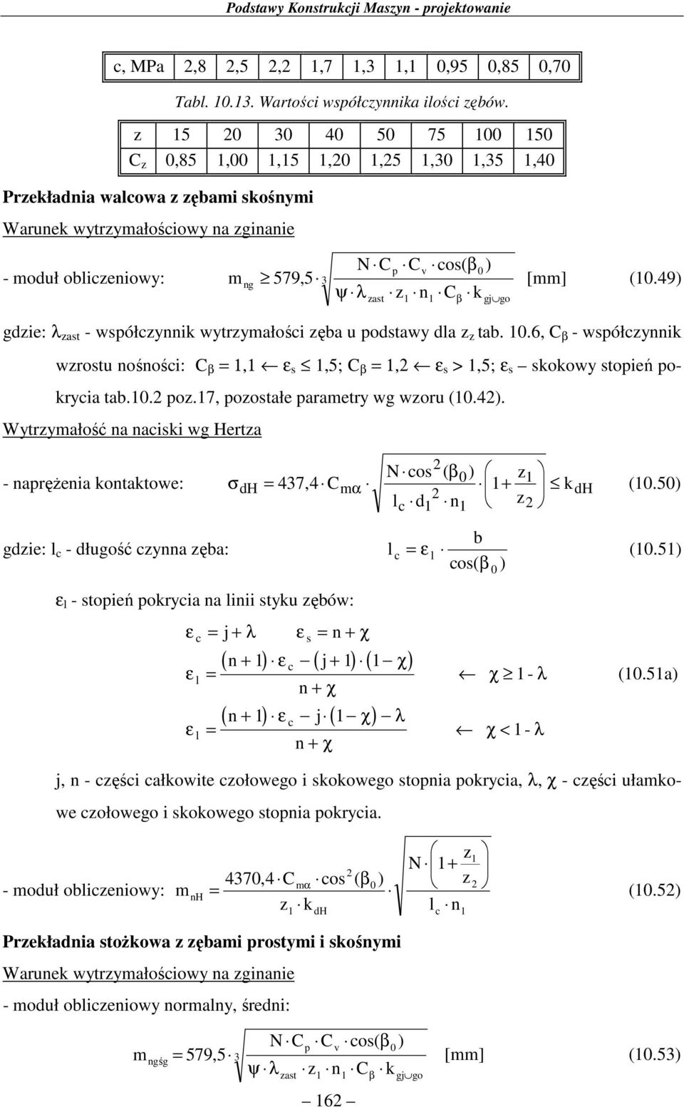 49 C k gie: λ ast - współcyik wytrymałości ęba u postawy la tab..6, C β - współcyik ast β gj go wrostu ośości: C β, ε s,5; C β, ε s >,5; ε s skokowy stopień pokrycia tab.. po.7, poostałe parametry wg woru (.