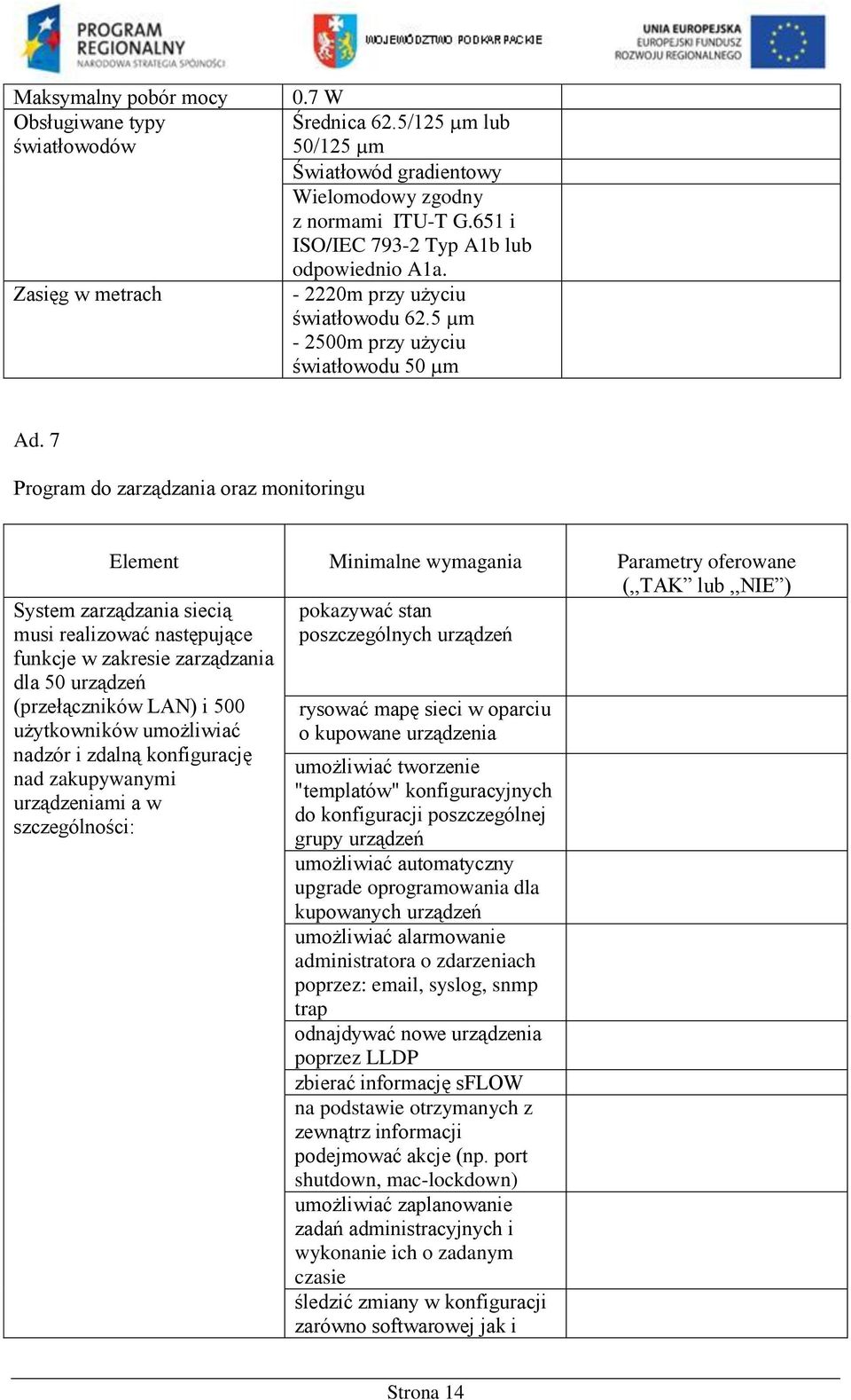 7 Program do zarządzania oraz monitoringu Element Minimalne wymagania Parametry oferowane (,,TAK lub,,nie ) pokazywać stan poszczególnych urządzeń System zarządzania siecią musi realizować