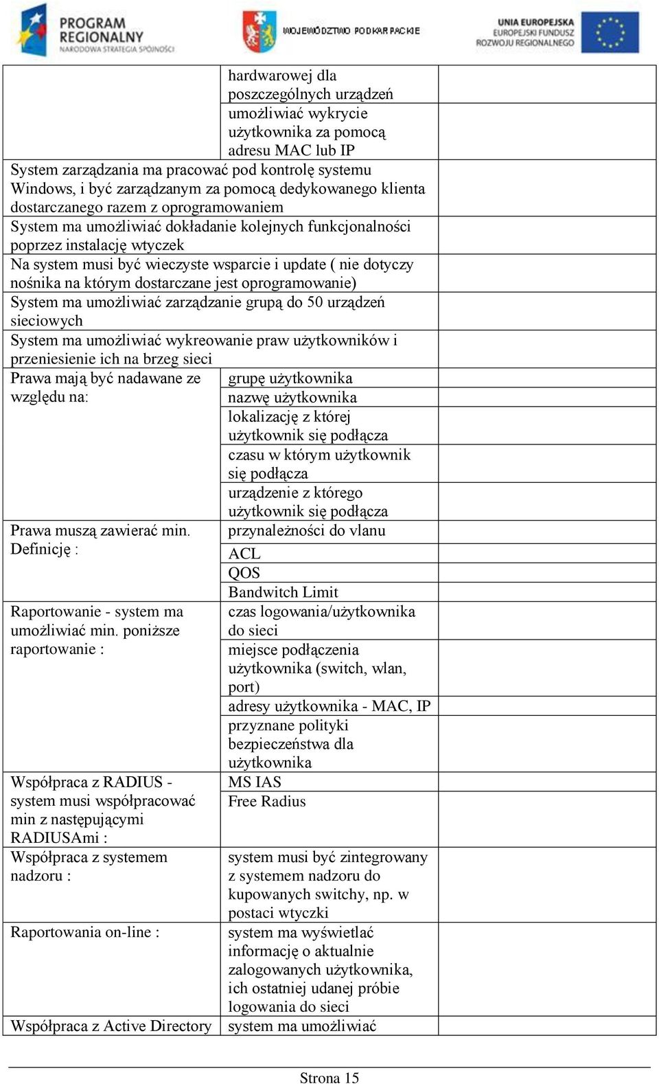 dotyczy nośnika na którym dostarczane jest oprogramowanie) System ma umożliwiać zarządzanie grupą do 50 urządzeń sieciowych System ma umożliwiać wykreowanie praw użytkowników i przeniesienie ich na