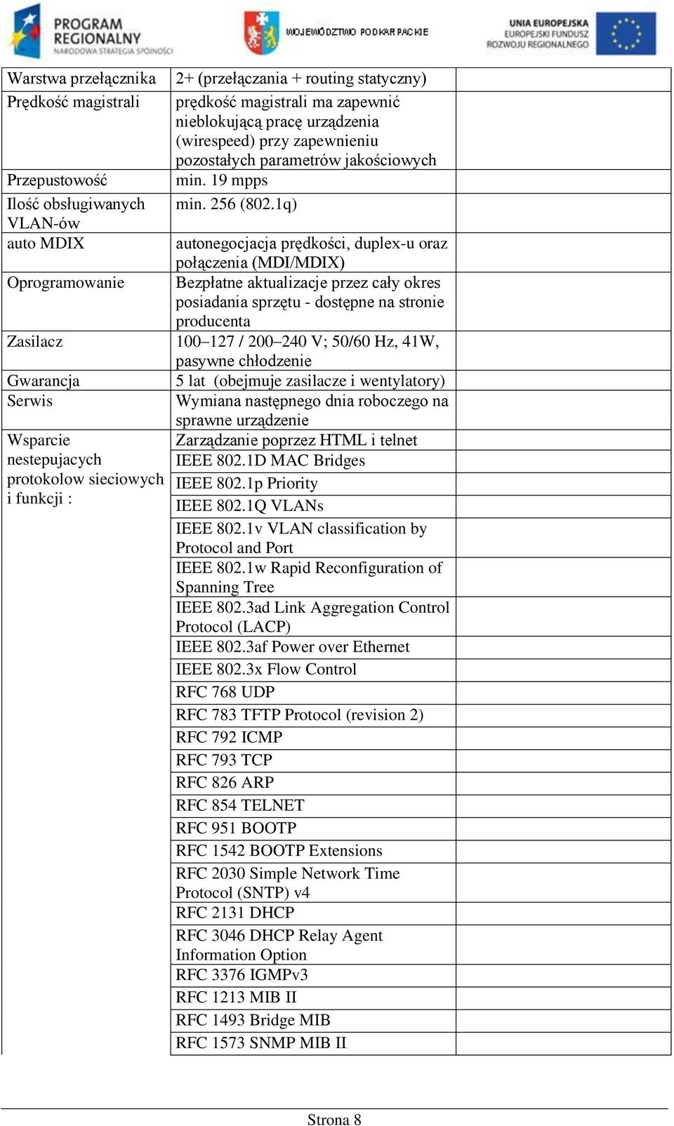 1q) VLAN-ów auto MDIX autonegocjacja prędkości, duplex-u oraz połączenia (MDI/MDIX) Oprogramowanie Bezpłatne aktualizacje przez cały okres posiadania sprzętu - dostępne na stronie producenta Zasilacz