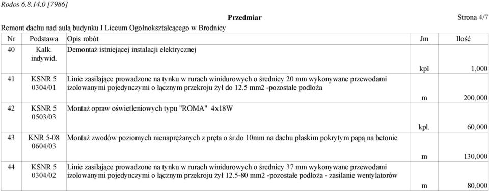 izolowanymi pojedynczymi o łącznym przekroju żył do 12.5 mm2 -pozostałe podłoża Montaż opraw oświetleniowych typu "ROMA" 4x18W Montaż zwodów poziomych nienaprężanych z pręta o śr.