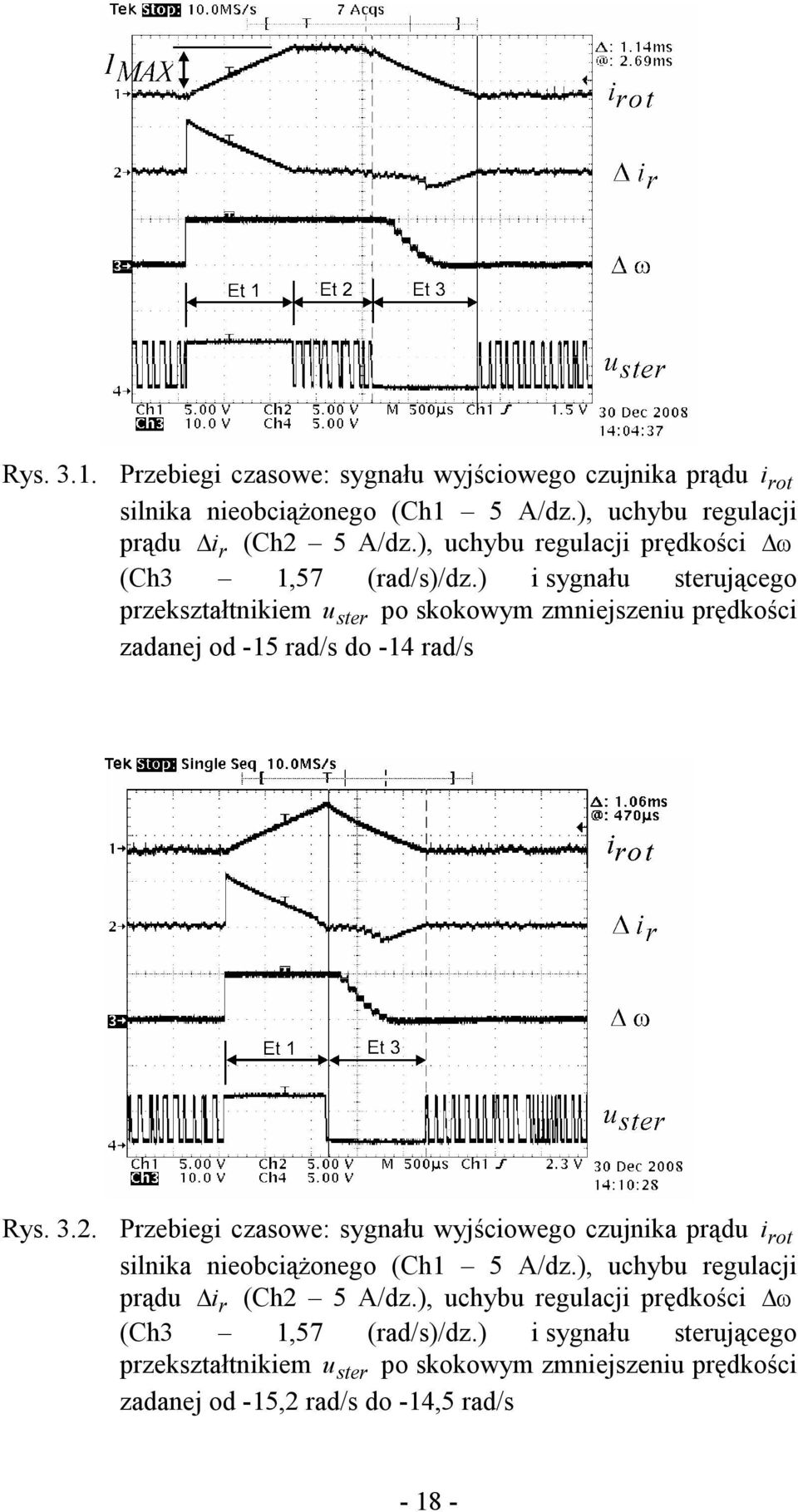 ) i sygnału sterującego przekształtnikiem u ster po skokowym zmniejszeniu prędkości zadanej od -15 rad/s do -14 rad/s Rys. 3.2.