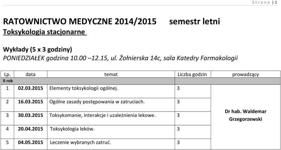 2015 Elementy toksykologii ogólnej. 3 2 16.03.2015 Ogólne zasady postępowania w zatruciach. 3 3 30.03.2015 Toksykomanie, interakcje i uzależnienia lekowe.