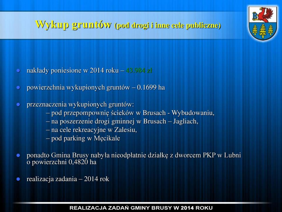 1699 ha przeznaczenia wykupionych gruntów: pod przepompownię ścieków w Brusach - Wybudowaniu, na poszerzenie