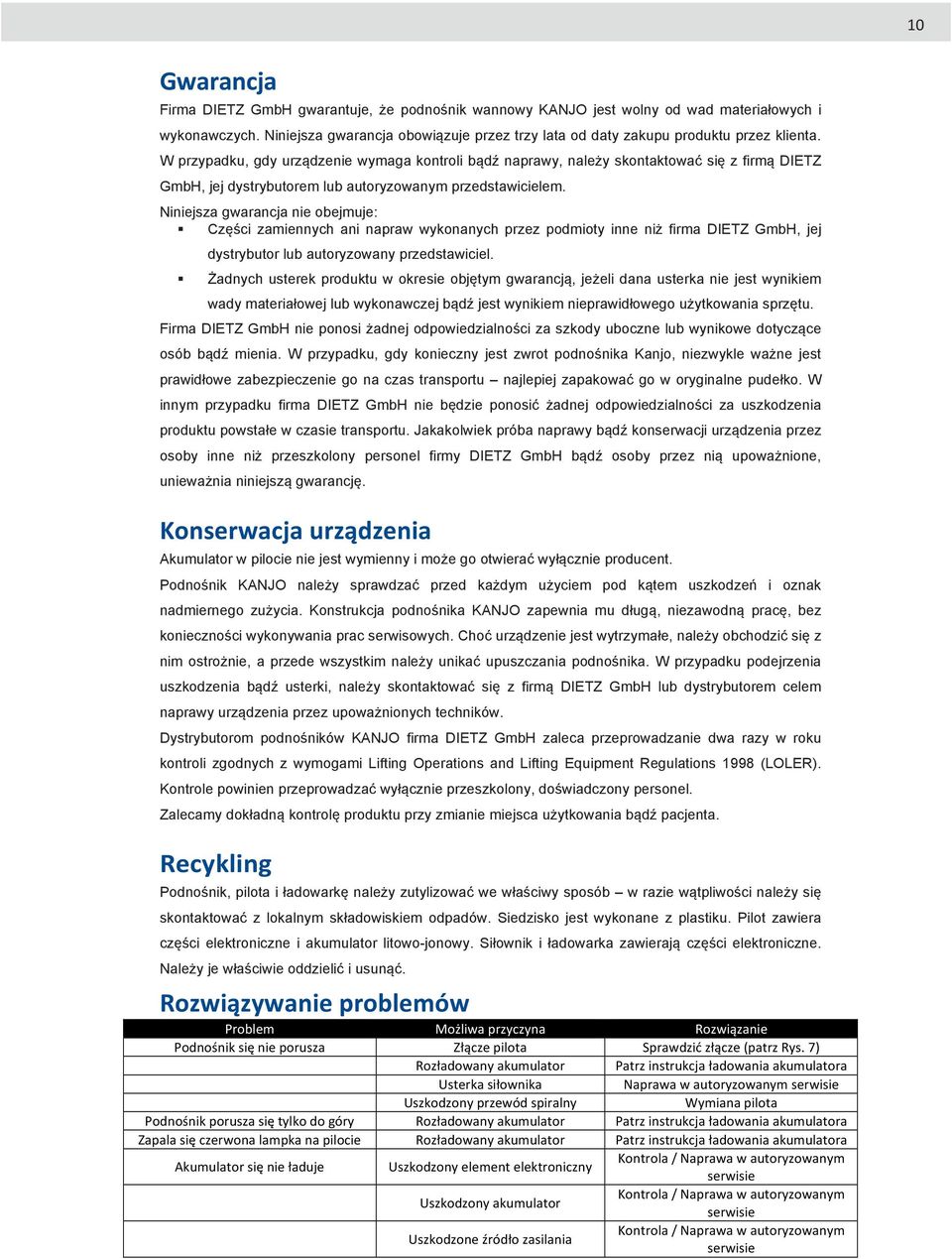 W przypadku, gdy urządzenie wymaga kontroli bądź naprawy, należy skontaktować się z firmą DIETZ GmbH, jej dystrybutorem lub autoryzowanym przedstawicielem.