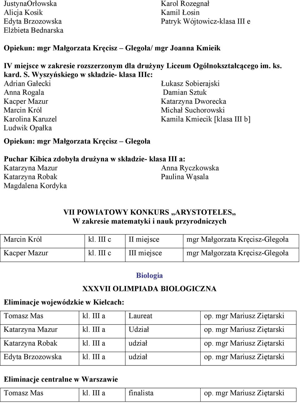 Wyszyńskiego w składzie- klasa IIIc: Adrian Gałecki Łukasz Sobierajski Anna Rogala Damian Sztuk Kacper Mazur Katarzyna Dworecka Marcin Król Michał Suchorowski Karolina Karuzel Kamila Kmiecik [klasa