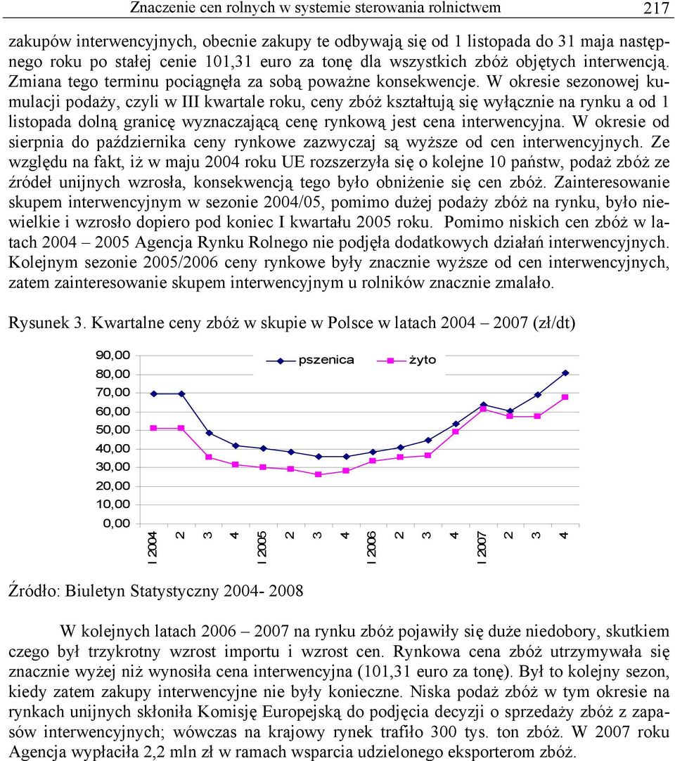 W okresie sezonowej kumulacji podaży, czyli w III kwartale roku, ceny zbóż kształtują się wyłącznie na rynku a od 1 listopada dolną granicę wyznaczającą cenę rynkową jest cena interwencyjna.