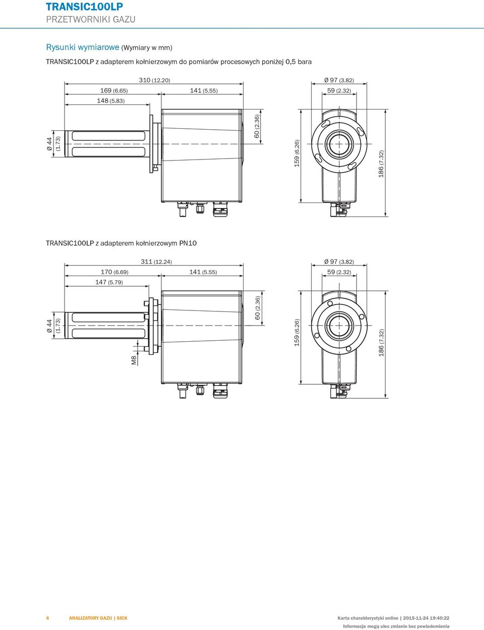 32) H I J K L N O P Q R S T TRANSIC100LP z adapterem kołnierzowym PN10 Ø 44 (1.73) 170 (6.69) 147 (5.79) 8 311 (12.24) 141 (5.