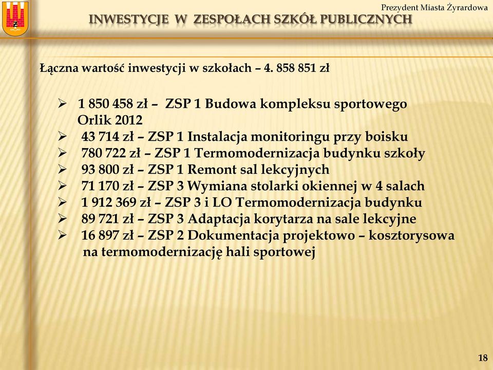 ZSP 1 Termomodernizacja budynku szkoły 93 800 zł ZSP 1 Remont sal lekcyjnych 71 170 zł ZSP 3 Wymiana stolarki okiennej w 4 salach 1