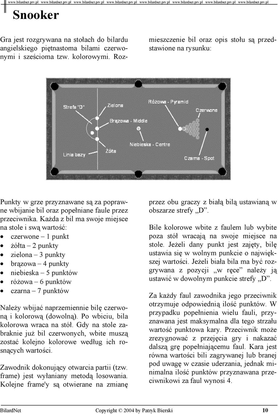 Każda z bil ma swoje miejsce na stole i swą wartość: czerwone 1 punkt żółta 2 punkty zielona 3 punkty brązowa 4 punkty niebieska 5 punktów różowa 6 punktów czarna 7 punktów Należy wbijać