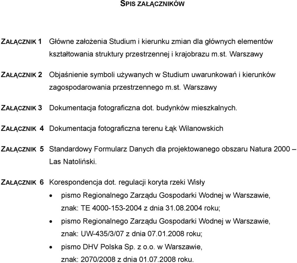 budynków mieszkalnych. ZAŁĄCZNIK 4 Dokumentacja fotograficzna terenu Łąk Wilanowskich ZAŁĄCZNIK 5 Standardowy Formularz Danych dla projektowanego obszaru Natura 2000 Las Natoliński.