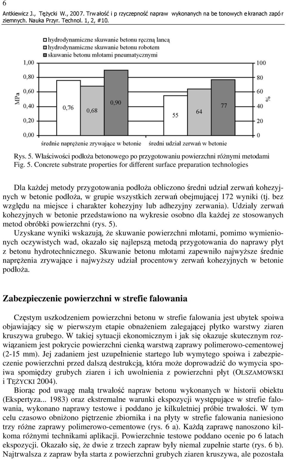 Concrete substrate properties for different surface preparation technologies Dla każdej metody przygotowania podłoża obliczono średni udział zerwań kohezyjnych w betonie podłoża, w grupie wszystkich