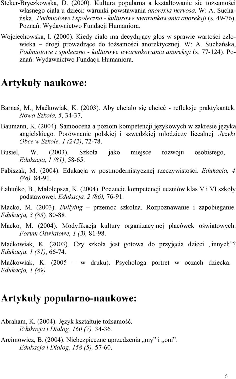Kiedy ciało ma decydujący glos w sprawie wartości człowieka drogi prowadzące do tożsamości anorektycznej. W: A. Suchańska, Podmiotowe i społeczno - kulturowe uwarunkowania anoreksji (s. 77-124).