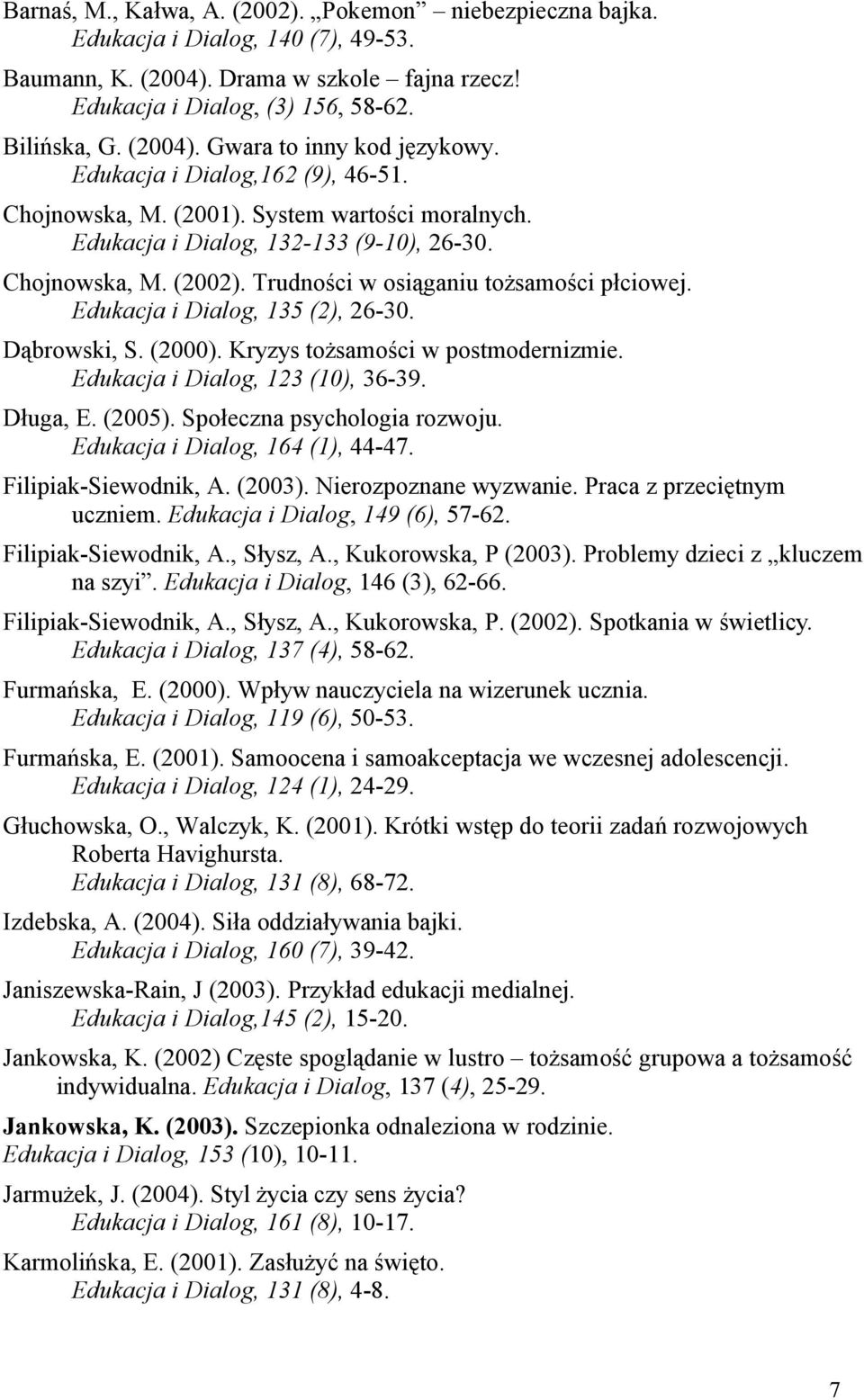 Edukacja i Dialog, 135 (2), 26-30. Dąbrowski, S. (2000). Kryzys tożsamości w postmodernizmie. Edukacja i Dialog, 123 (10), 36-39. Długa, E. (2005). Społeczna psychologia rozwoju.