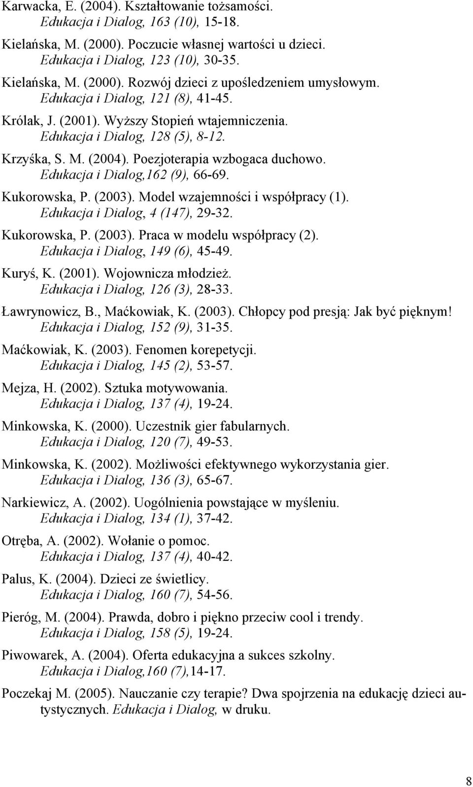 Edukacja i Dialog,162 (9), 66-69. Kukorowska, P. (2003). Model wzajemności i współpracy (1). Edukacja i Dialog, 4 (147), 29-32. Kukorowska, P. (2003). Praca w modelu współpracy (2).