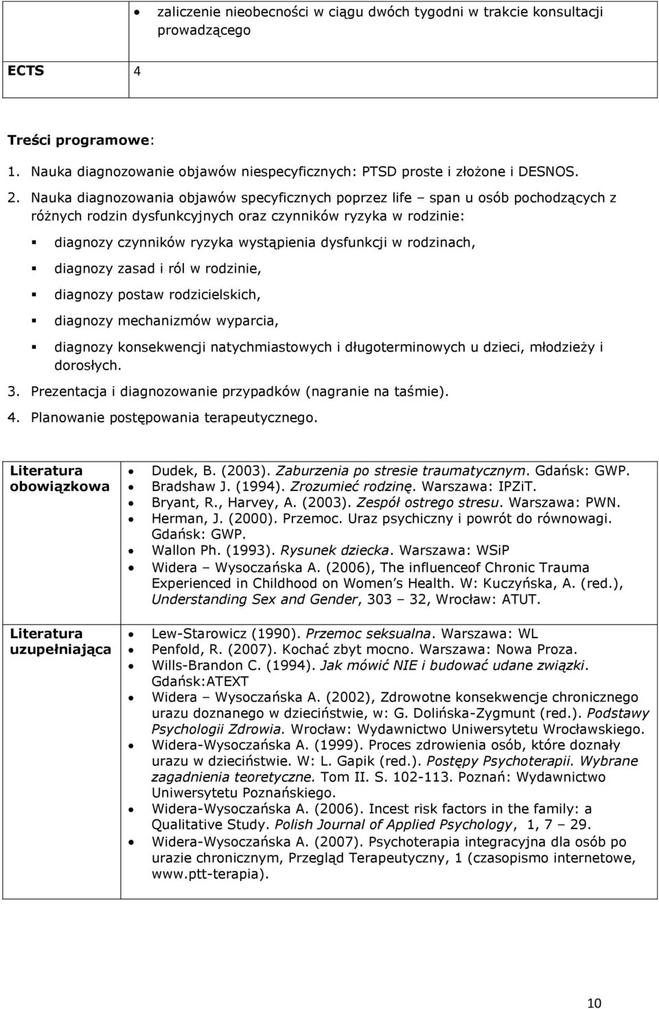 rodzinach, diagnozy zasad i ról w rodzinie, diagnozy postaw rodzicielskich, diagnozy mechanizmów wyparcia, diagnozy konsekwencji natychmiastowych i długoterminowych u dzieci, młodzieży i dorosłych. 3.