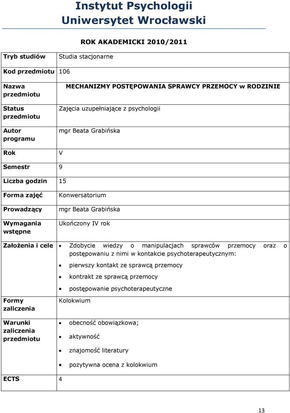 Grabińska Ukończony IV rok Założenia i cele Zdobycie wiedzy o manipulacjach sprawców przemocy oraz o postępowaniu z nimi w kontakcie psychoterapeutycznym: pierwszy kontakt ze