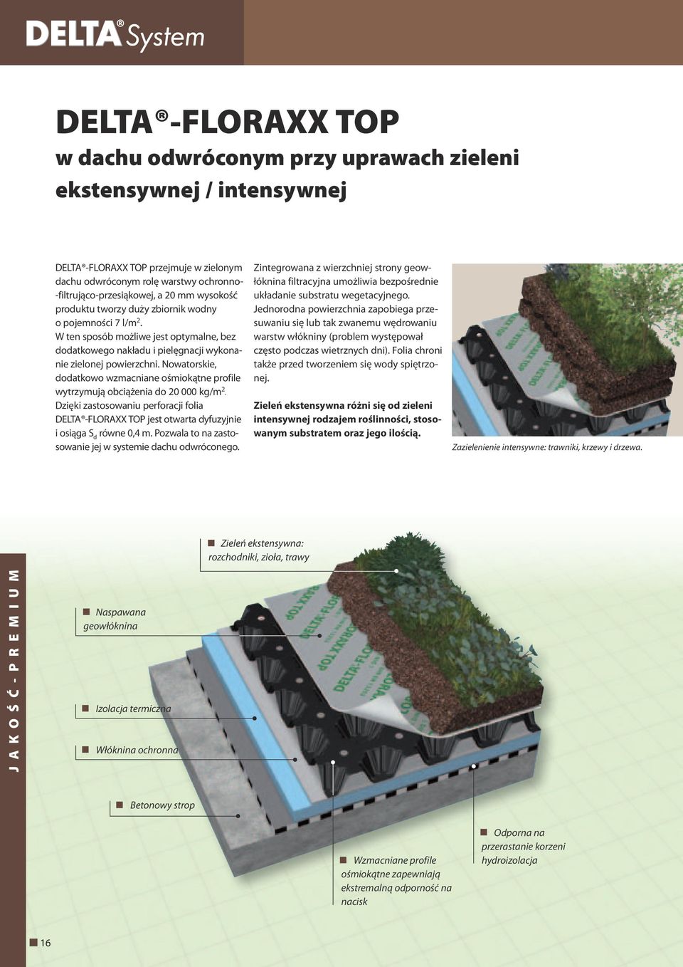 Nowatorskie, dodatkowo wzmacniane ośmiokątne profile wytrzymują obciążenia do 20 000 kg/m 2. Dzięki zastosowaniu perforacji folia DELTA -FLORAXX TOP jest otwarta dyfuzyjnie i osiąga S d równe 0,4 m.