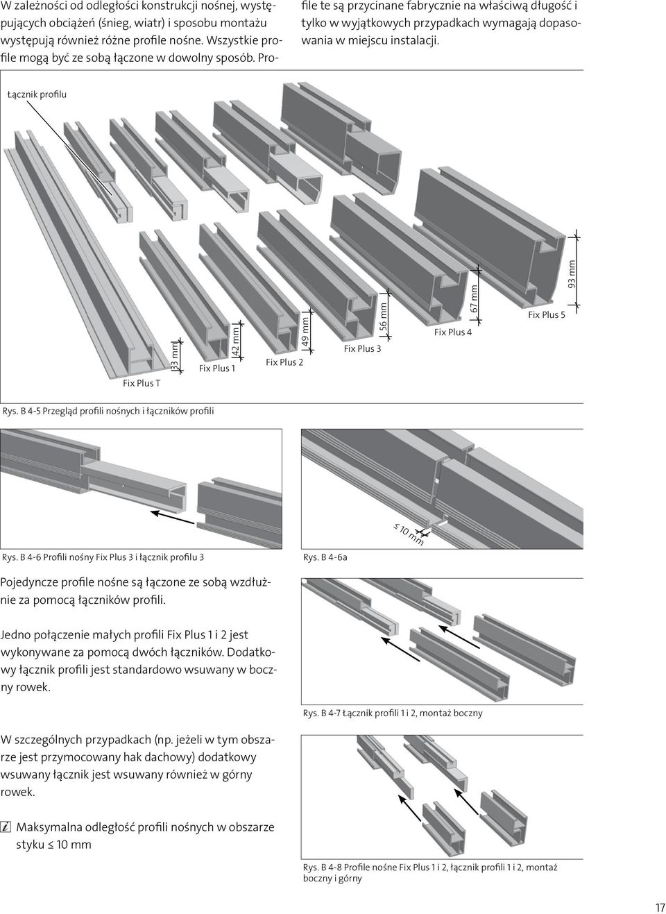 Łącznik profilu Fix Plus T 33 mm 42 mm Fix Plus 1 Fix Plus 2 49 mm Fix Plus 3 56 mm Fix Plus 4 67 mm Fix Plus 5 93 mm Rys. B 4-5 Przegląd profili nośnych i łączników profili 10 mm Rys.