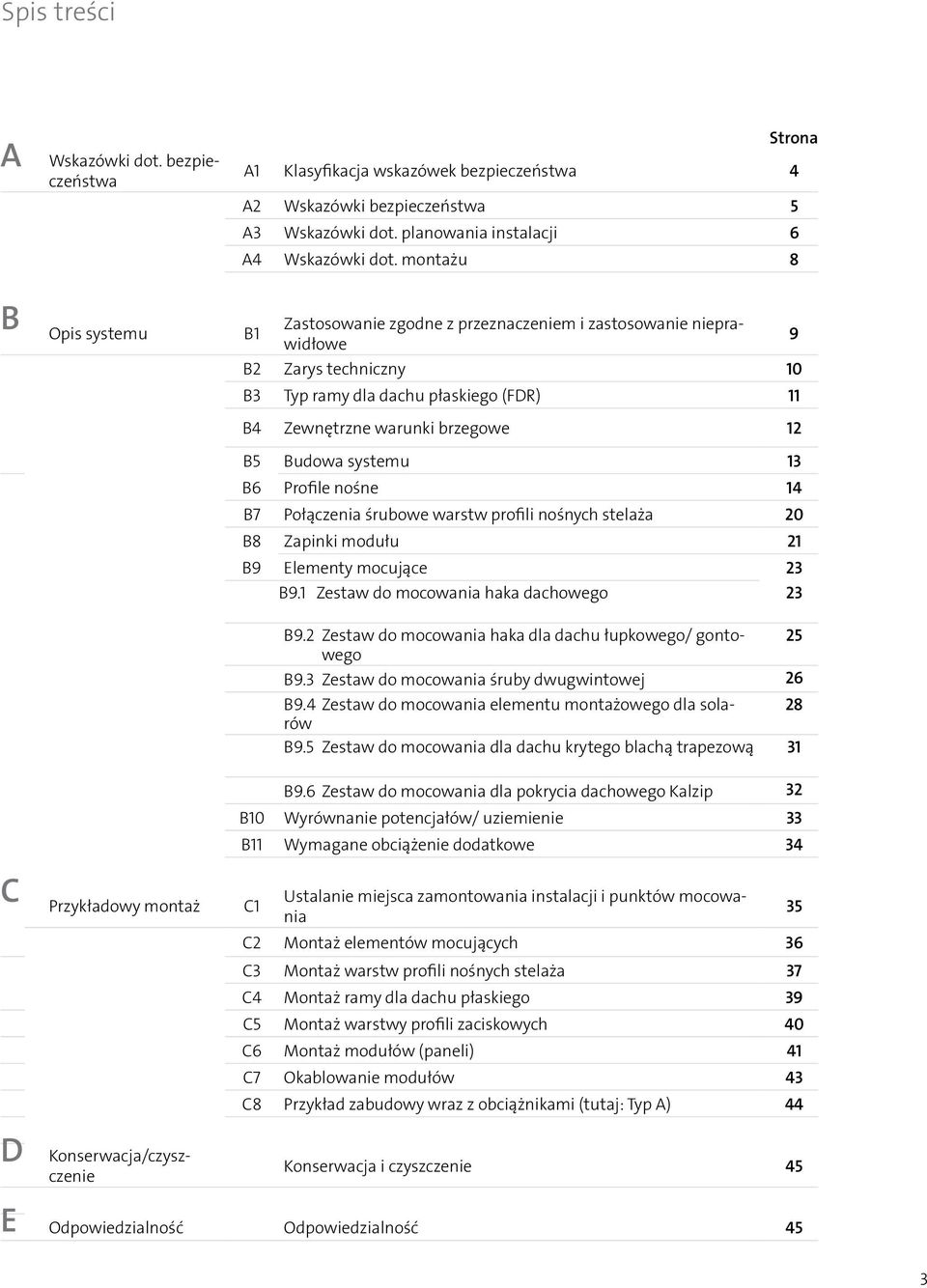 B6 Profile nośne 14 B7 Połączenia śrubowe warstw profili nośnych stelaża 20 B8 Zapinki modułu 21 B9 Elementy mocujące 23 B9.1 Zestaw do mocowania haka dachowego 23 B9.