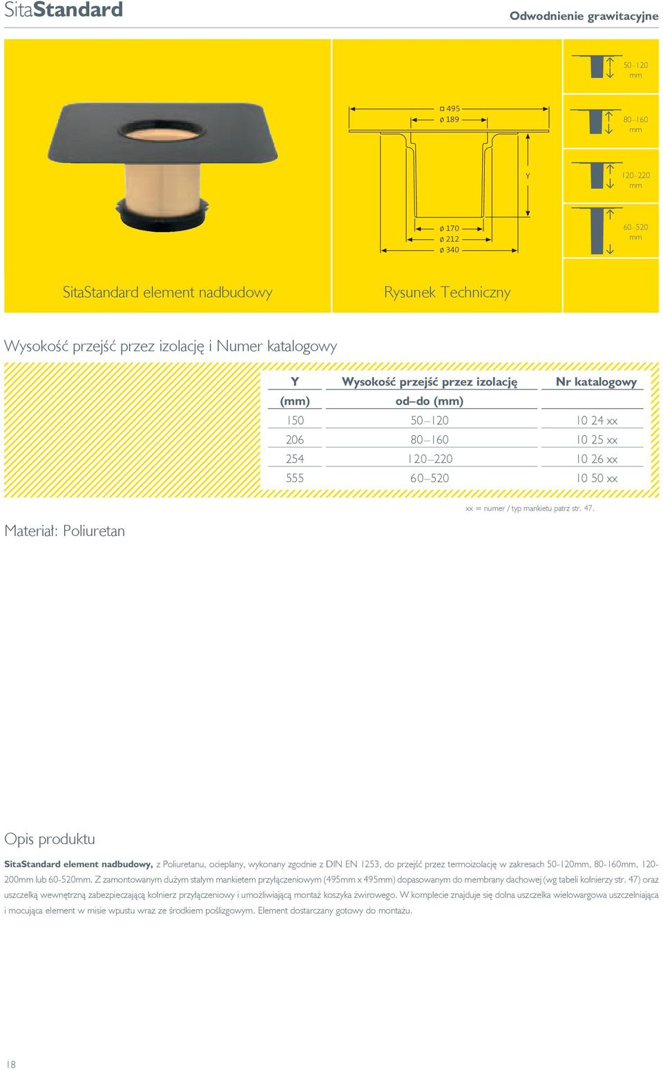 47. SitaStandard element nadbudowy, z Poliuretanu, ocieplany, wykonany zgodnie z DIN EN 1253, do przejść przez termoizolację w zakresach 50-120mm, 80-160mm, 120-200mm lub 60-520mm.