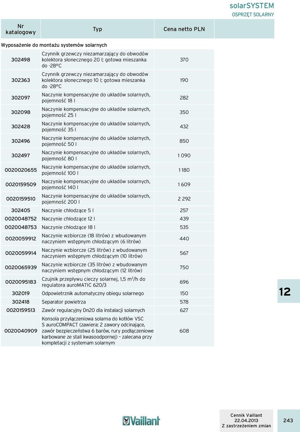 układów solarnych, pojemność 25 l 350 302428 Naczynie kompensacyjne do układów solarnych, pojemność 35 l 432 302496 Naczynie kompensacyjne do układów solarnych, pojemność 50 l 850 302497 Naczynie