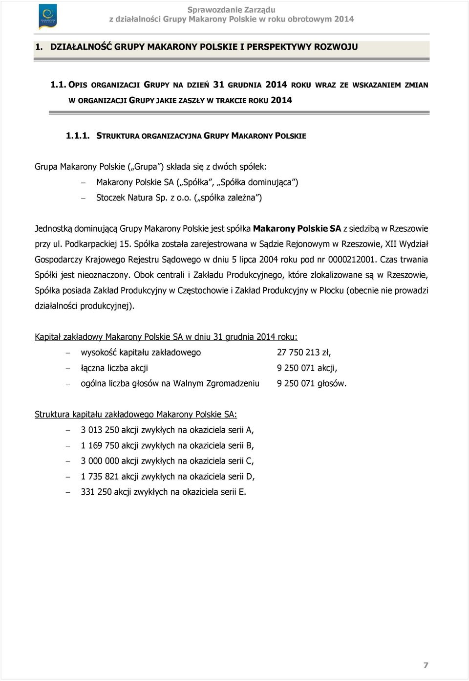 Spółka została zarejestrowana w Sądzie Rejonowym w Rzeszowie, XII Wydział Gospodarczy Krajowego Rejestru Sądowego w dniu 5 lipca 2004 roku pod nr 0000212001. Czas trwania Spółki jest nieoznaczony.