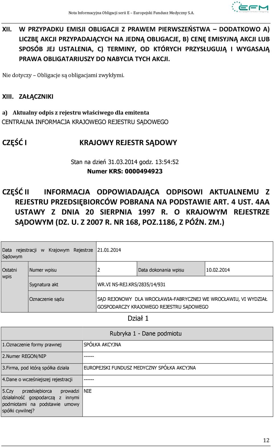 ZAŁĄCZNIKI a) Aktualny odpis z rejestru właściwego dla emitenta CENTRALNA INFORMACJA KRAJOWEGO REJESTRU SĄDOWEGO CZĘŚĆ I KRAJOWY REJESTR SĄDOWY Stan na dzień 31.03.2014 godz.