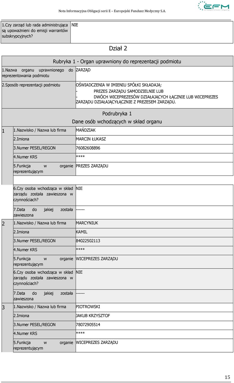 Sposób reprezentacji podmiotu ZARZĄD OŚWIADCZENIA W IMIENIU SPÓŁKI SKŁADAJĄ: - PREZES ZARZĄDU SAMODZIELNIE LUB - DWÓCH WICEPREZESÓW DZIAŁAJĄCYCH ŁĄCZNIE LUB WICEPREZES ZARZĄDU DZIAŁAJĄCYŁĄCZNIE Z