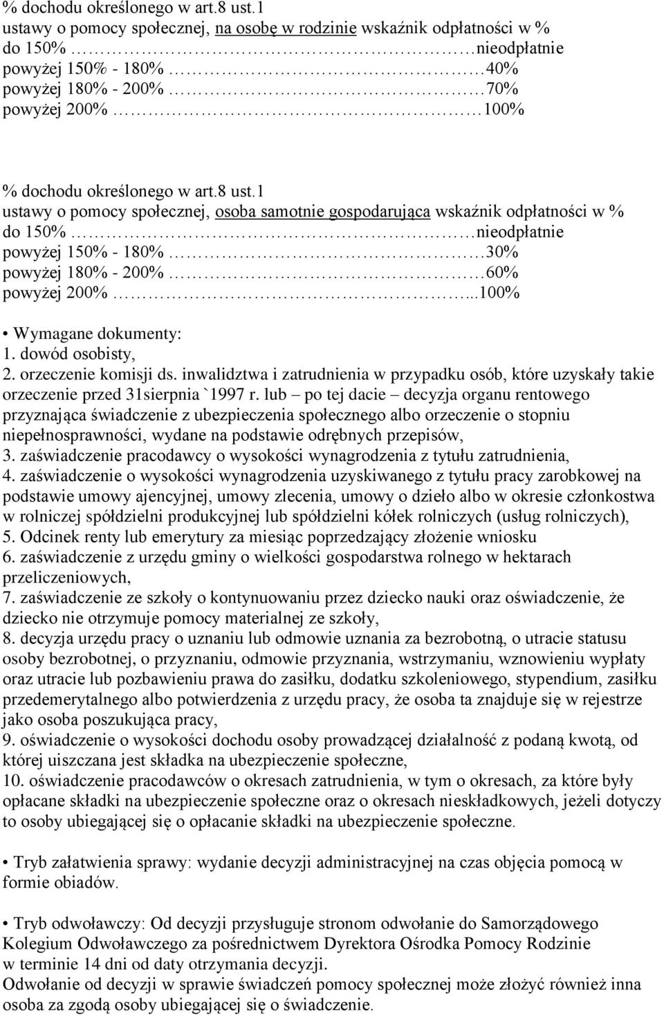 samotnie gospodarująca wskaźnik odpłatności w % do 150% nieodpłatnie powyżej 150% - 180% 30% powyżej 180% - 200% 60% powyżej 200%...100% Wymagane dokumenty: 1. dowód osobisty, 2.