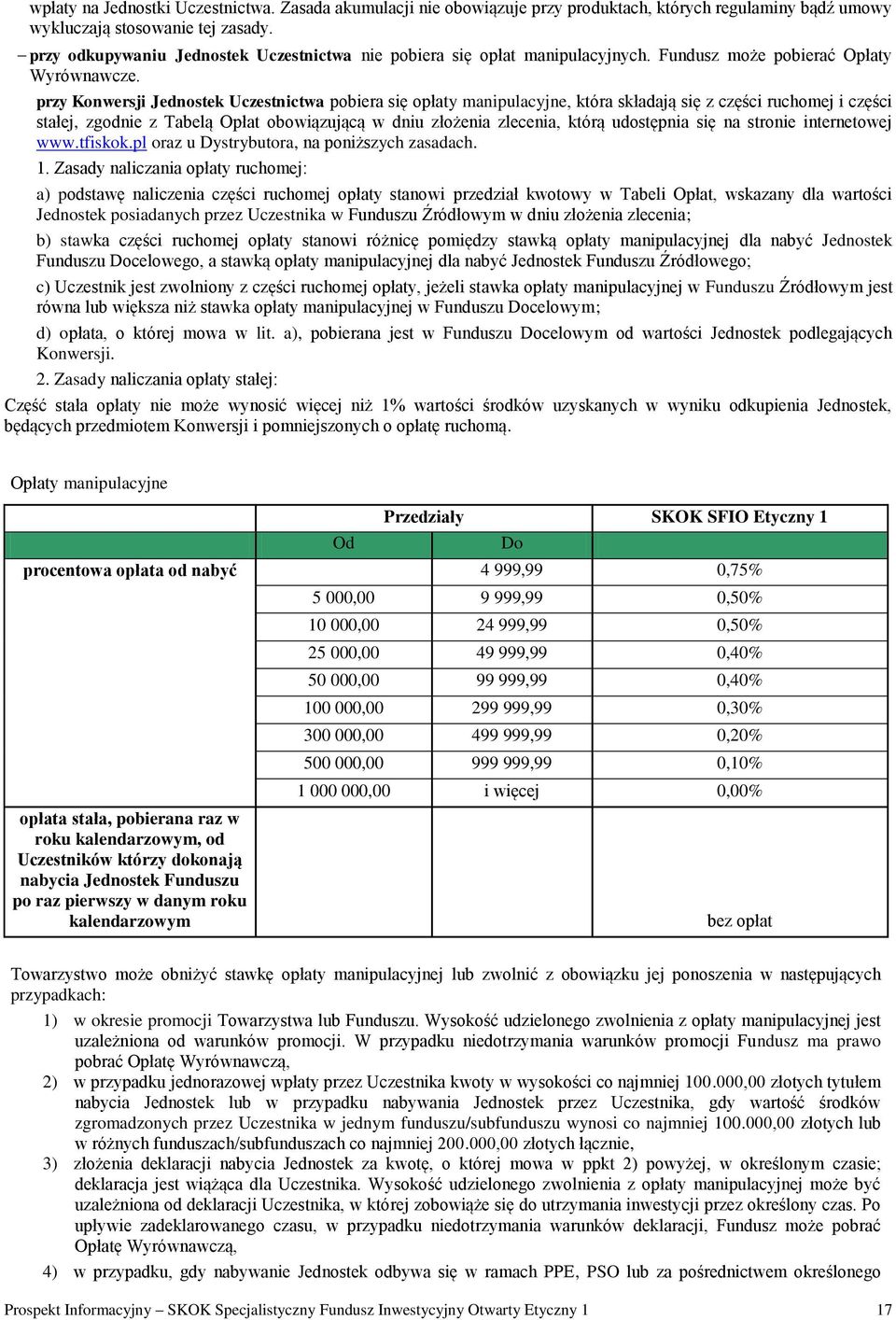przy Konwersji Jednostek Uczestnictwa pobiera się opłaty manipulacyjne, która składają się z części ruchomej i części stałej, zgodnie z Tabelą Opłat obowiązującą w dniu złożenia zlecenia, którą