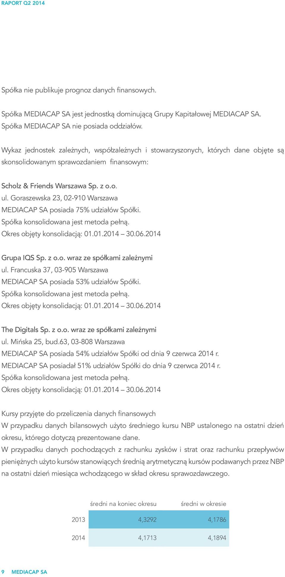 Goraszewska 23, 02-910 Warszawa posiada 75% udziałów Spółki. Spółka konsolidowana jest metoda pełną. Okres objęty konsolidacją: 01.01.2014 30.06.2014 Grupa IQS Sp. z o.o. wraz ze spółkami zależnymi ul.